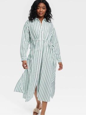 Universal Thread Green and White Striped Tie-Waist Shirt Dress